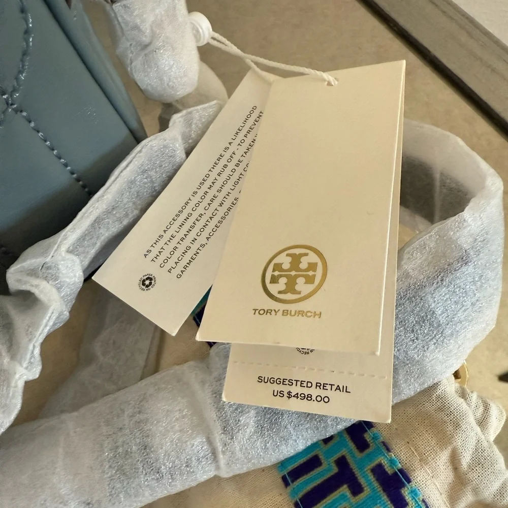 NWT Tory Burch 135751 Small Kira Patent Camera Bag in Light Arctic MSRP $498